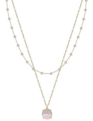 Crystal Chain Layered with Pink Crystal Stone Necklace